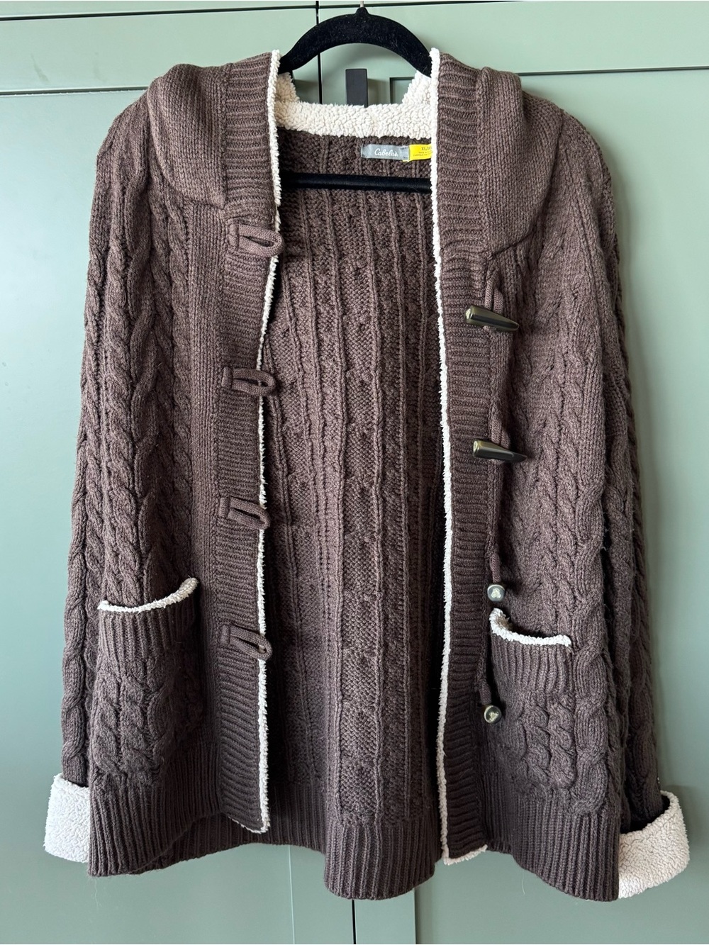 Cabela's Brown Cable Knit Hooded Cardigan with Sherpa Trim